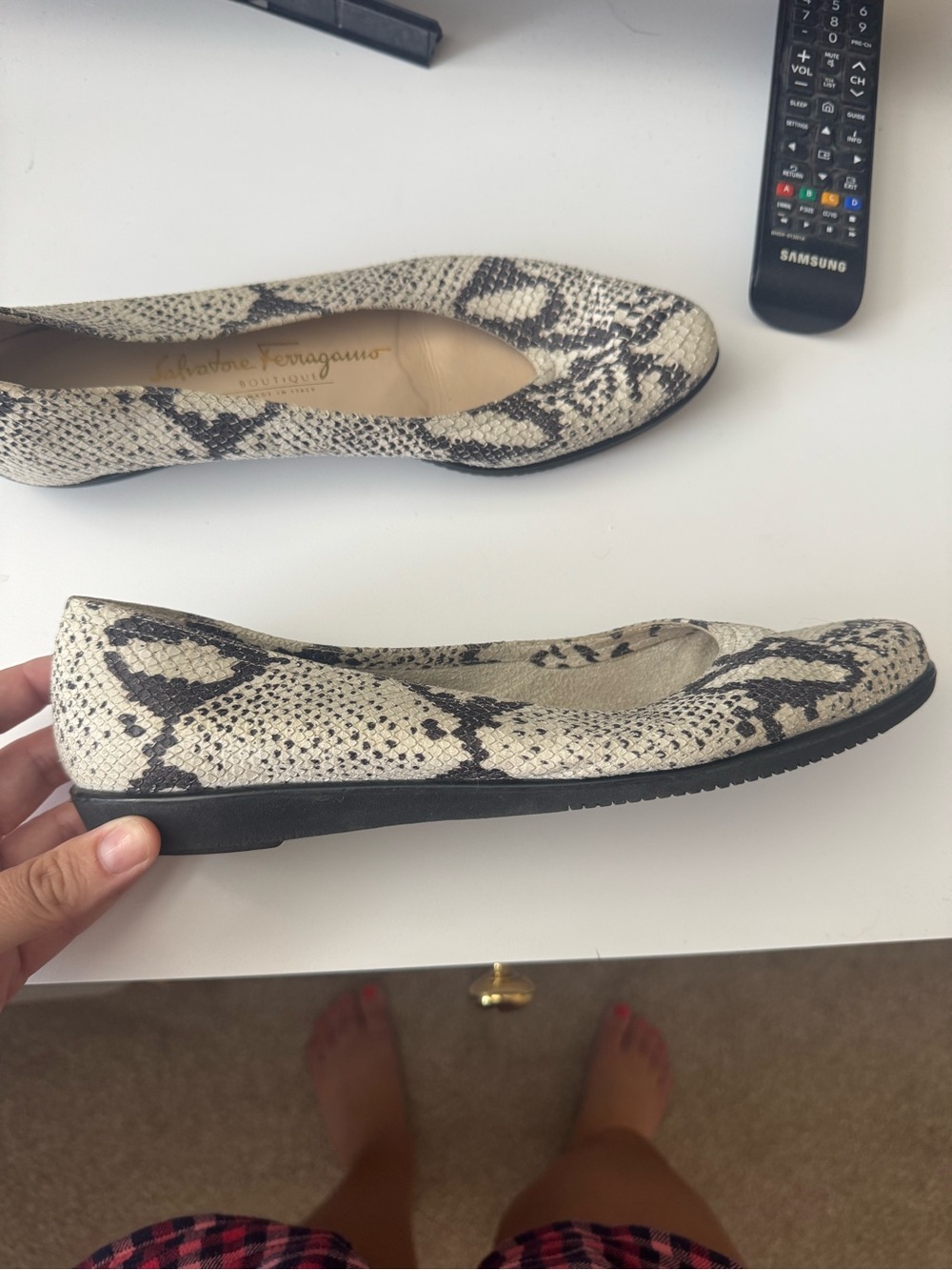Salvatore Ferragamo Beige and Black Snake skin Leather Ballet Flats